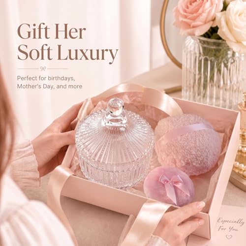 Body Powder Puff and Container Set, 2-Piece Plush Applicator with Jar