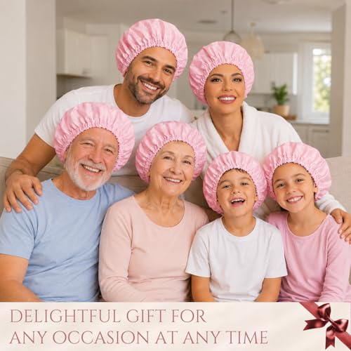 Pink Satin Lined Waterproof Shower Cap for Women - Extra Large, Reusable, Anti-Frizz Hair Protector
