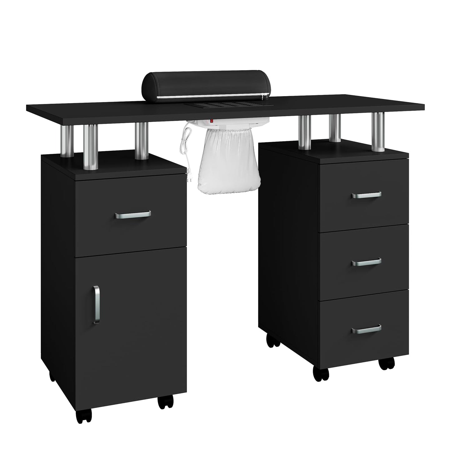 MilleLoom Manicure Table with Storage Cabinets and Drawers, Nail Desk for Nail Tech with Lockable Wheels, Dust Collector Acetone Resistant, Arm Rest for Makeup Spa Beauty Salon Station