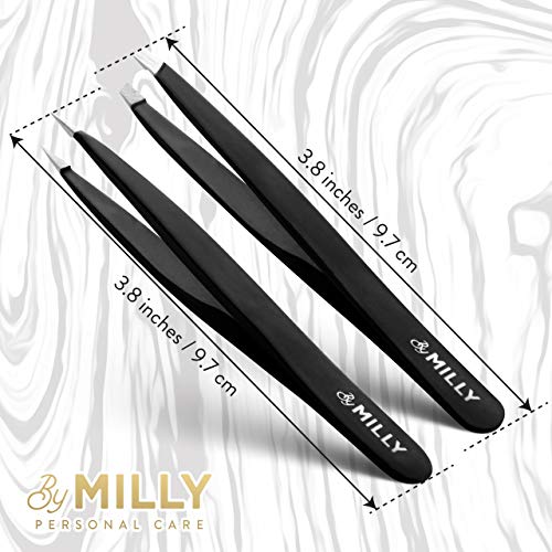 By MILLY Precision Tweezers Set - Slanted & Pointed Tips, Black