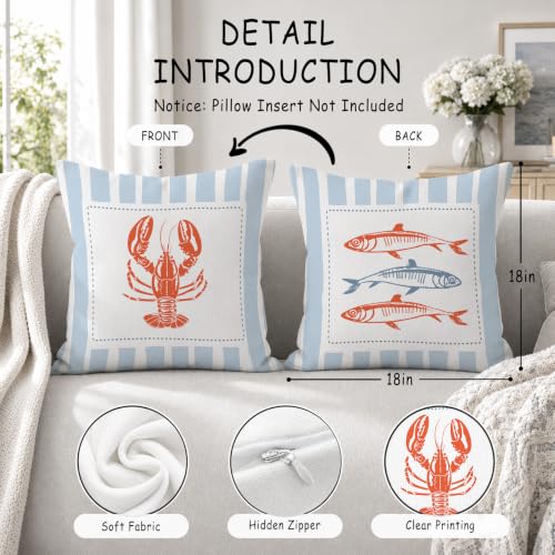Coastal Beach Lobster Fish Pillow Cover 18x18 - Blue Marine Decor