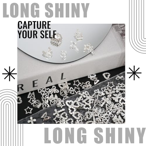 Silver Nail Charms 180pcs 12 Styles Y2K Crystal Star Butterfly Crown Bling