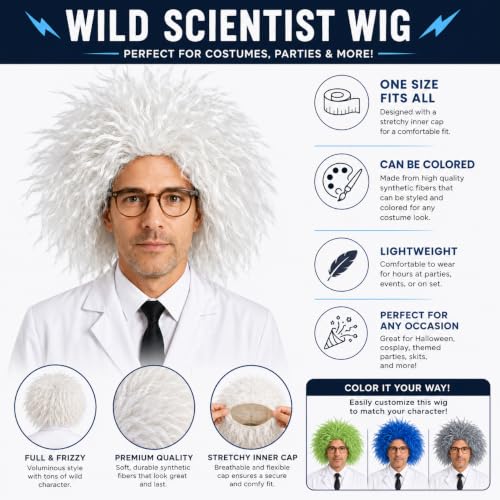 Skeleteen Mad Scientist Costume Wig - One Size White Curly Wig