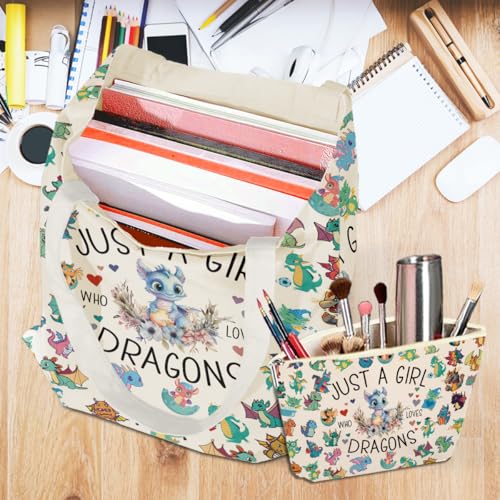 Dragon Print Canvas Tote Bag with Matching Cosmetic Zipper Pouch Set