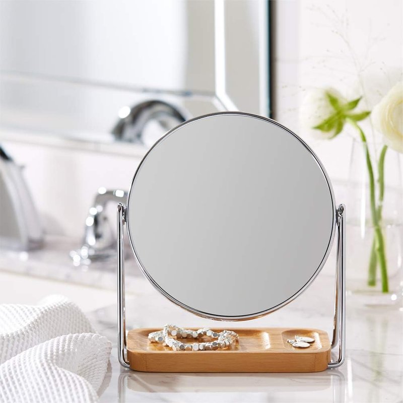 Round Tabletop Vanity Mirror - 360° Rotation, Double-Sided 1x/5x Magnification | Chrome Finish with Bamboo Tray, 7.2”L x 3.35”W