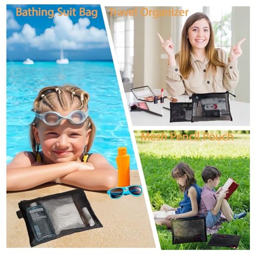 3-Piece Mesh Zipper Pouch Makeup Bag Set - Portable Organizers
