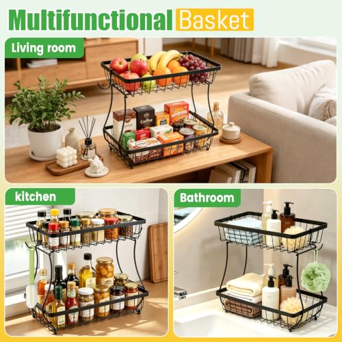 2-Tier Metal Fruit Basket with Banana Hangers for Kitchen