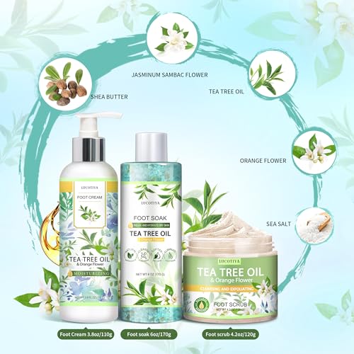 LUCOTIYA Foot Spa Kit - Tea Tree & Orange Flower Soak, Scrub & Cream