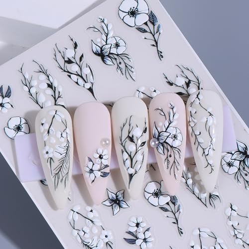 5D Embossed Lace Flower Nail Art Stickers - 6 Sheets, Black & White