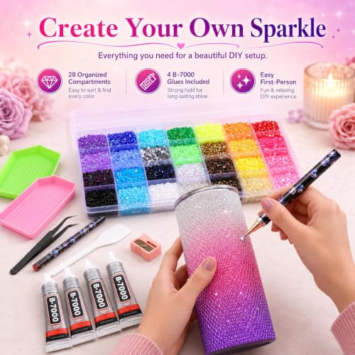 30000PCS DIY Rhinestone Bedazzling Kit with 28 Colors & Glue for Crafts, Nails, Phone Cases & Apparel