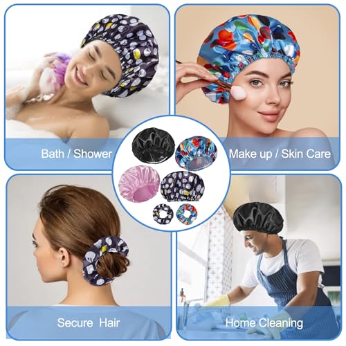 Reusable Shower Cap Set for Women - 4 Waterproof Caps & 2 Satin Scrunchies