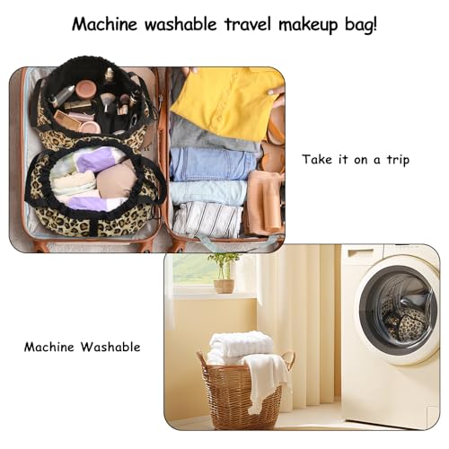 SUMBABO Leopard Drawstring Makeup Bag with Brush Holder, Travel Cosmetic Organizer