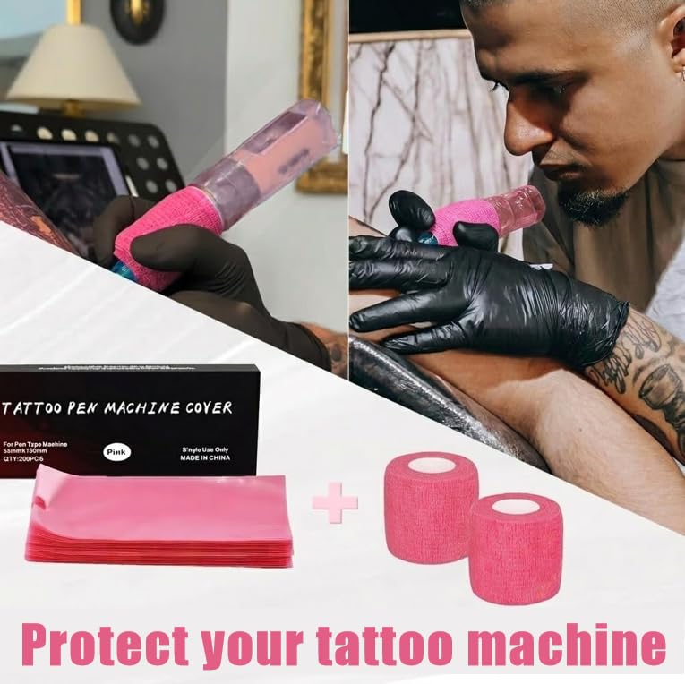 LEEYUKA 200Pcs Large Tattoo Pen Covers + 6 Grip Tapes Pink/Black Pink