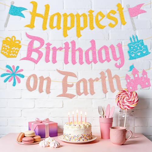 Happiest Birthday on Earth Banner - Colorful Princess Party Decor