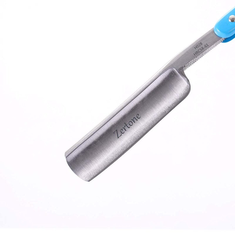 Zertone Straight Razor Kit with Hair Brush and Leather Strop, Straight Edge Razor with Carbon Steel Cutthroat Blade, Barber Razor (Blue)
