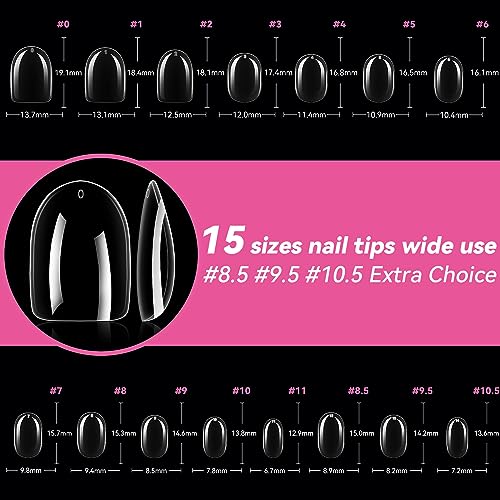 UNA GELLA Short Oval Almond Gel Nail Tips - 360pcs 15 Sizes Press On Nails