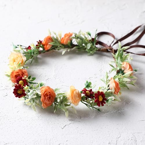 Orange Rose Flower Crown - Boho Floral Headband for Women