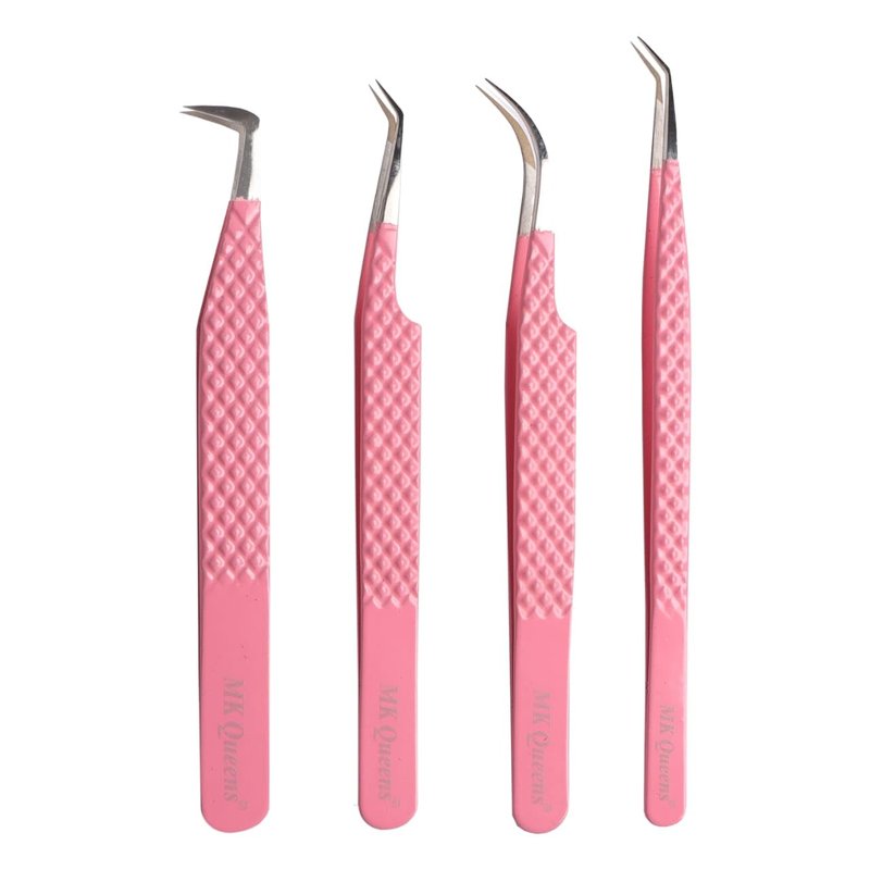MK Queens Lash Tweezers - Stainless Steel Fiber Tip Eyelash Tweezers (Set of 4) - Diamond Grip Professional Lash Tweezers for Eyelash Extensions