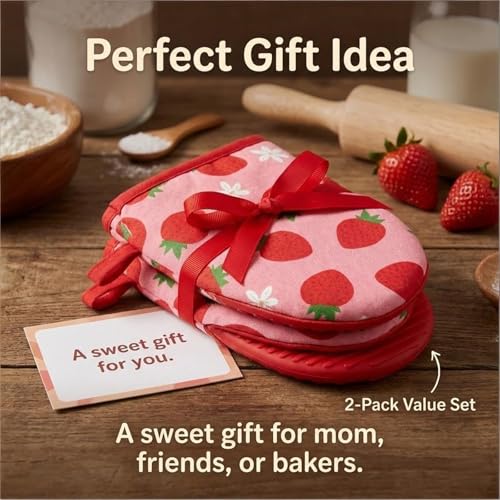 Cute Strawberry Mini Oven Mitts Set - 2-Pack Heat-Resistant Kitchen Gloves