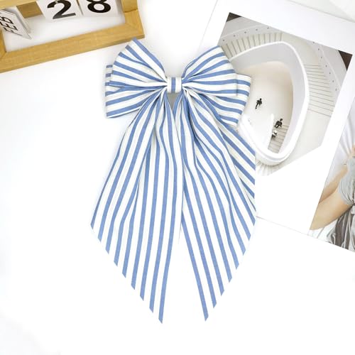 Large Striped Blue Hair Bow for Women & Girls - Oversized Long Tails Hair Clips Gift