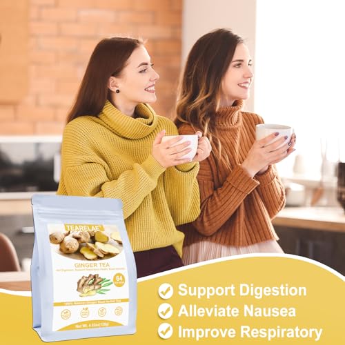 TEARELAE Pure Ginger Tea Bags - 64 Count for Digestion & Respiratory Health