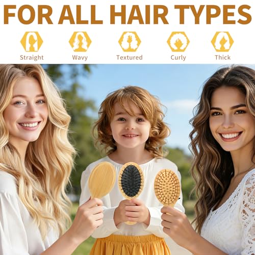 Mini Bamboo Hair Brush Set - 2 Pack Travel Detangling & Boar Bristle Comb for Women Men Kids