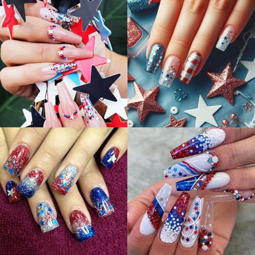 YUEJIMEIGUI 6 Boxes Patriotic 4th of July Star Glitter Nail Sequins Red White Blue for Nail Art & DIY Crafts