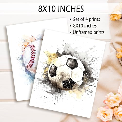 Sports Wall Art Set of 4 - Basketball, Soccer, Football & Baseball Prints - 8x10 Unframed Decor
