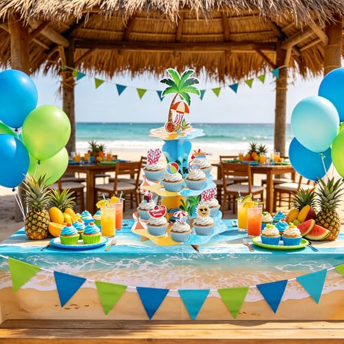 3-Tier Hawaiian Cupcake Stand with 24 Tropical Toppers