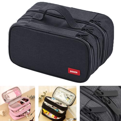 Large Capacity Canvas Pencil Case with 3 Compartments - Black