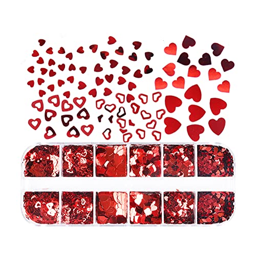 Colorful Valentine's Holographic Nail Art Glitters with Red Heart Charms - 12 Grids