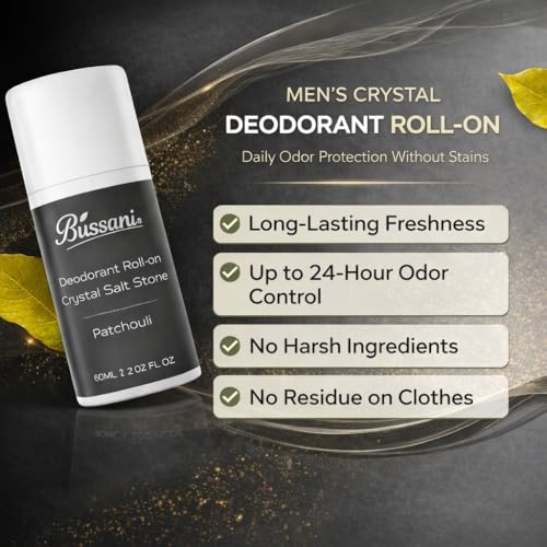 Bussani Men's Natural Roll-On Deodorant - 24H Odor Protection, Patchouli Scent, Aluminum-Free, 2.02 oz