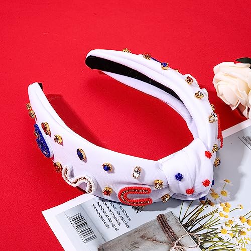 USA Patriotic Knotted Headband with Rhinestones for 4th of July