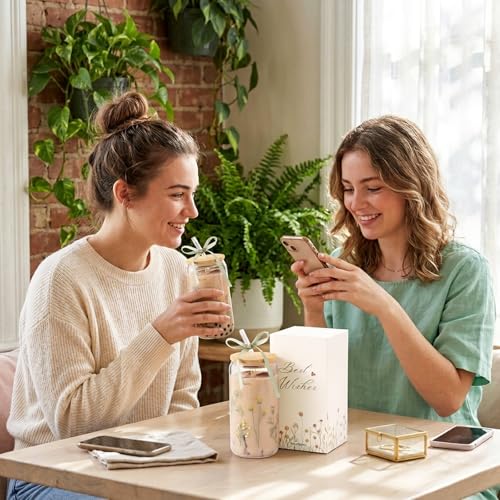 Floral Glass Cup with Lid and Straw - 16oz Aesthetic Tumbler