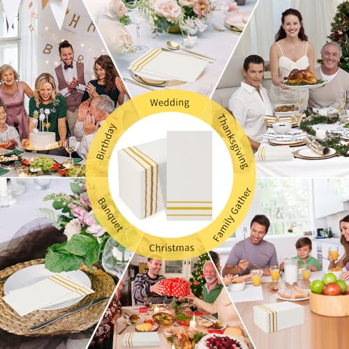 100 Pack Gold Trimmed Disposable Paper Napkins – Soft & Absorbent Dinner Towels