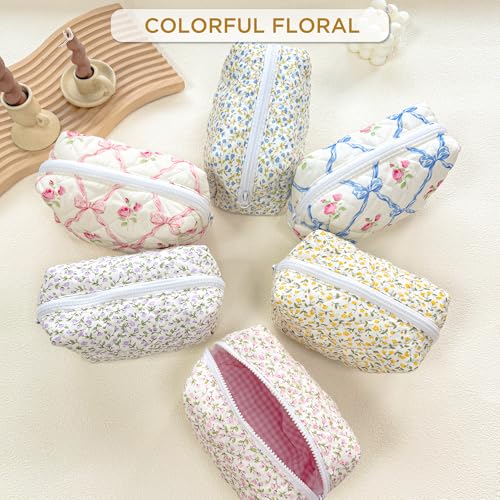 Blue Bow Small Floral Makeup Bag for Purse, Quilted Cosmetic Zipper Pouch