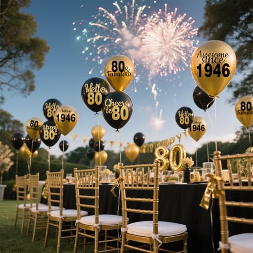 80th Birthday Balloons - Black & Gold Latex Confetti, 24pcs