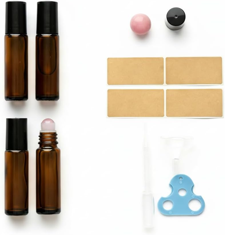 Roller Bottles with Natural Rose Quartz Balls - 10ml Refillable Amber Glass Essential Oil Kit | Leak-Proof for Travel & Aromatherapy