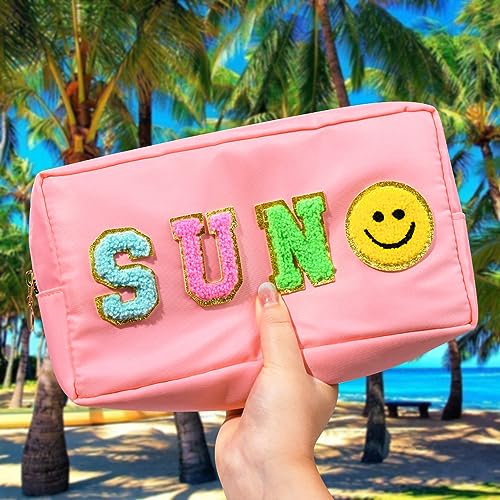 SOIDRAM Small Sun Pink Makeup Bag with Chenille Letter Patches - Travel Cosmetic Organizer for Women