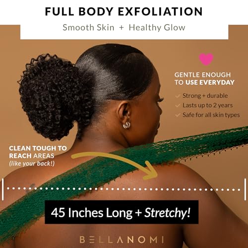BELLANOMI African Exfoliating Net Sponge, Authentic, Ethically sourced from Nigeria, 45 inches Long, Back Scrubber for Daily use (Emerald Green)
