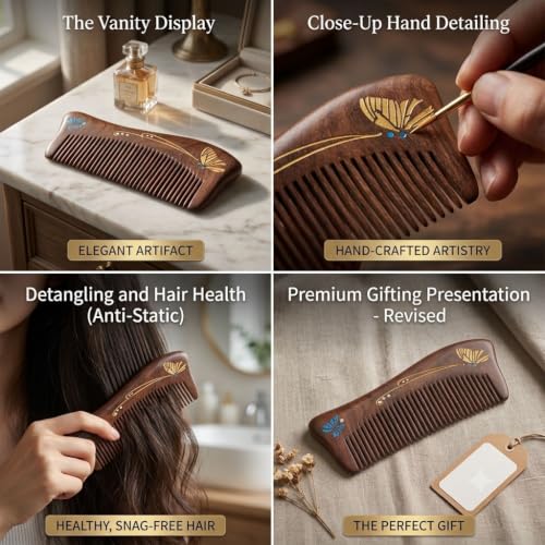 Handmade Sandalwood Butterfly Hair Comb - Anti-Static Detangling