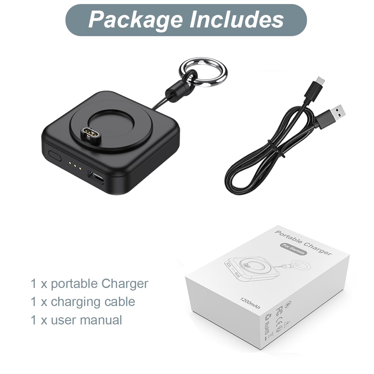 Portable Charger for Garmin Watch - Forerunner 55 255 165 265 965, Vivoactive 6/5, Venu 4 3 3s X1, Instinct 3/2, Approach S70 S62 S50 S44, Fenix 8 7X 6, Tactix 8 7 Pro (1200mAh)