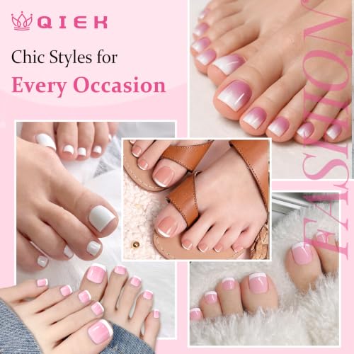 QIEK Graduated Pink French Tip Press On Toenails - 270 Pcs Square