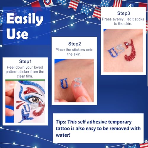 Yosca 6Pcs Independence Day Face Stickers - 4th of July Red White Blue Temporary Tattoos