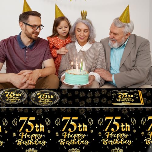 75th Birthday Decorations Kit - Black & Gold Party Supplies (41 Pcs)
