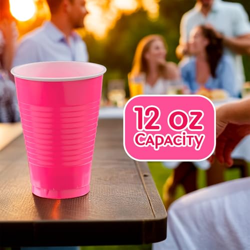 Amscan Bright Pink Plastic Cups - 12 oz, 50 Count, Heavy-Duty & Eco-Friendly