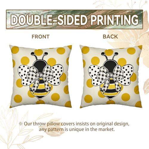 Summer Bee Throw Pillow Covers Set of 2 - 18x18 Inch Polka Dot Design