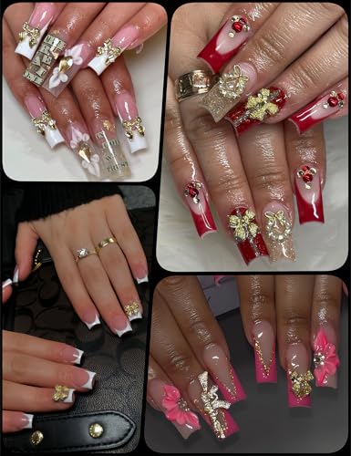 UWETIME 120Pcs Gold Bow Nail Charms Set 12 Styles 3D Alloy Hearts & Bows
