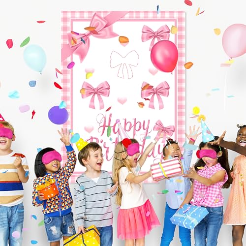Pin The Bow Party Game Set - Pink Poster & Stickers for Kids