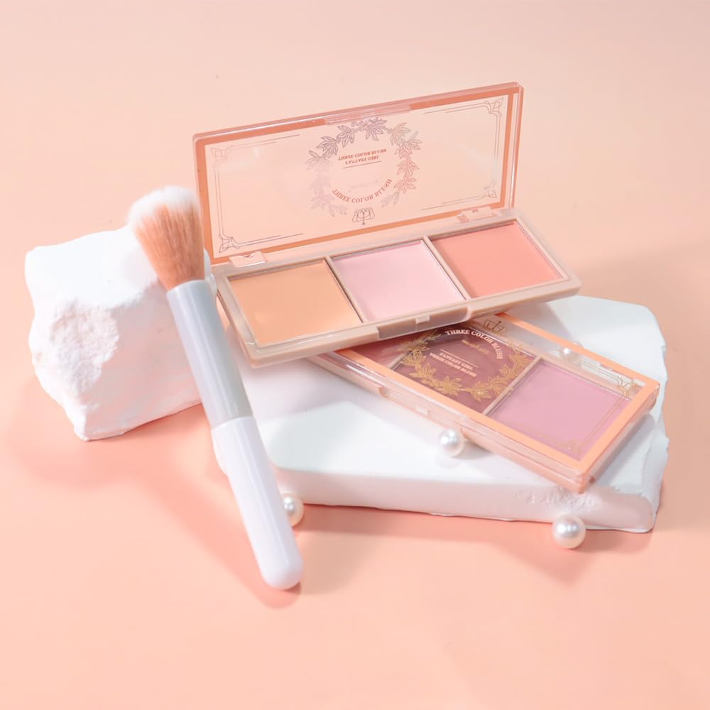 HHLTOH 3 Colors Face Matte Blush Palette Shading Blusher - Buildable Facial Cheek Blusher Contour Bronzing Pressed Powder Makeup Pallet Women Gift Set (3 Colors Blush Contour Palette with brush #02)